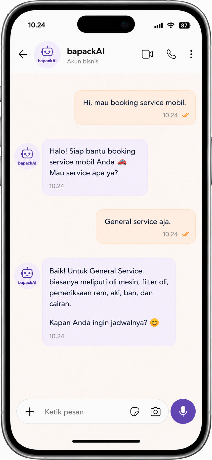 Mockup simulasi percakapan BapackAI untuk booking service mobil